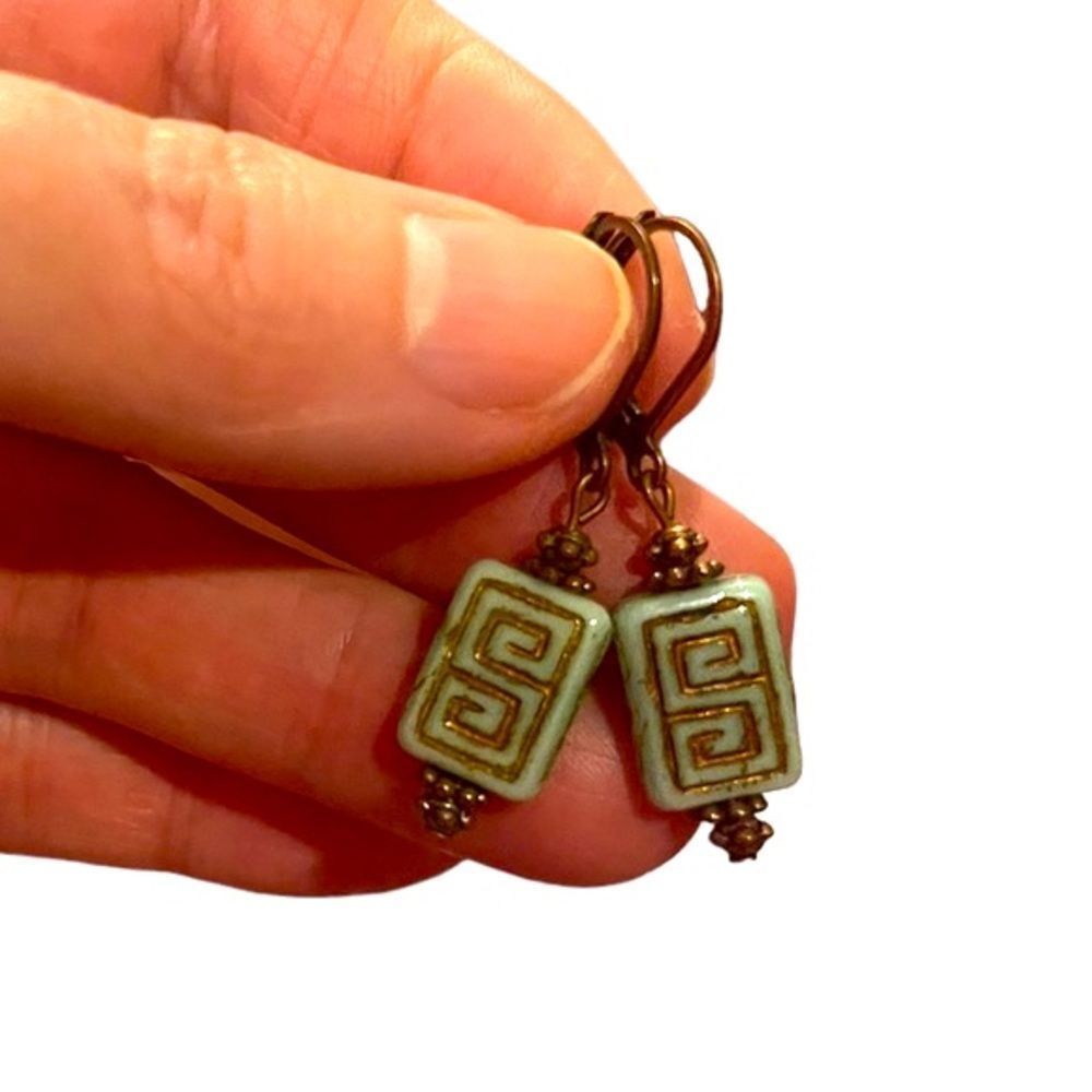 HandCrafted Artisan Earrings Bronze Green Czech Glass Rustic Boho Greek Key#174 